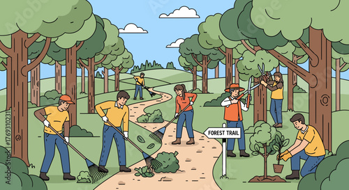 Forest Volunteers Maintaining Trails And Planting New Trees In The Woods