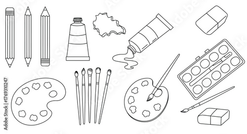 A collection of various art supplies in simple black and white line drawings