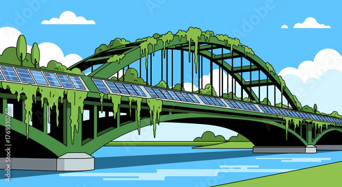 Green Bridge with Solar Panels Amidst a Blue Sky and Water