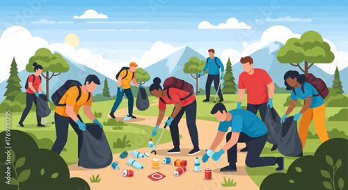 Group Of Volunteers Cleaning Up Trash In Nature Together