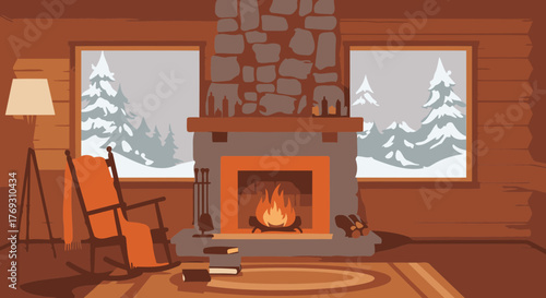 Cozy Winter Cabin Interior with Fireplace and Snow View