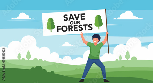 Person Holding A Save Our Forests Sign In A Landscape Scene