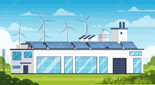 Renewable Energy Plant With Solar Panels And Wind Turbines