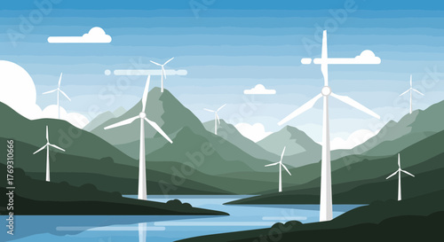 Scenic Landscape With Wind Turbines And Mountain Backdrop Illustration