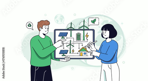 Sustainable Energy Solutions Explained By Cartoon Characters On A Tablet
