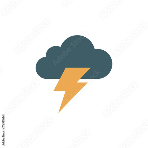 A dark grey cloud with an orange lightning bolt representing a storm on a white background