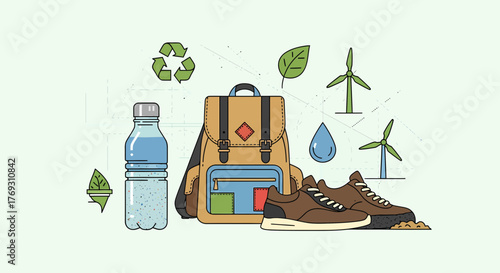 Sustainable Lifestyle Elements Illustration, Eco Friendly Items Design