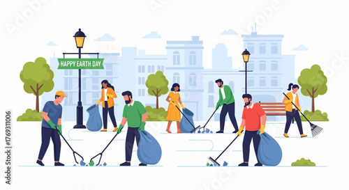 Volunteers Cleaning City Park On Happy Earth Day Illustration