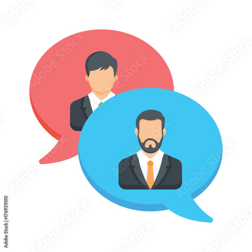 Two people with speech bubbles, symbolizing team discussion or chat