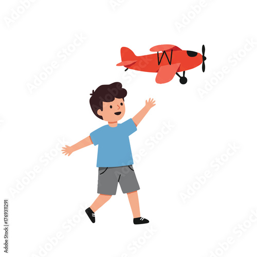 Minimalistic flat 2D vector illustration of a happy young boy running and playing with a red toy airplane, imagining adventure and flight against a clean white background.