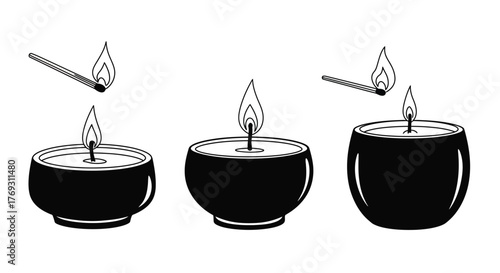Black and white illustration depicting lit candles and burning matchsticks