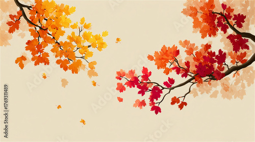 赤と黄色の紅葉の枝が左右から伸びる、秋のイラストレーション背景。 generative ai