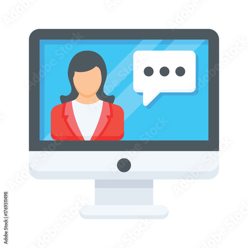 Woman on computer screen representing online meeting and remote communication.