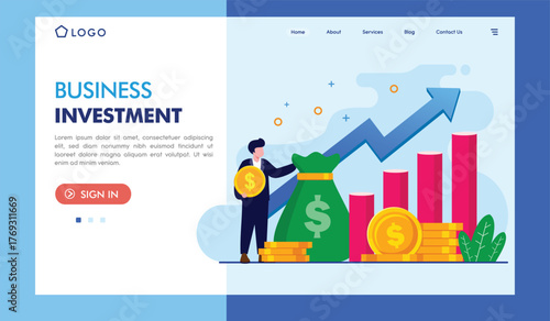 The illustration showcases business investment growth through financial elements such as coins, money bags, and charts, highlighting the strategies for successful economic planning and advancement.