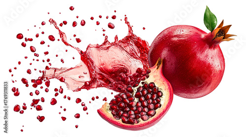 Pomegranate with juice splash and seeds isolated on a transparent white background, clipping path