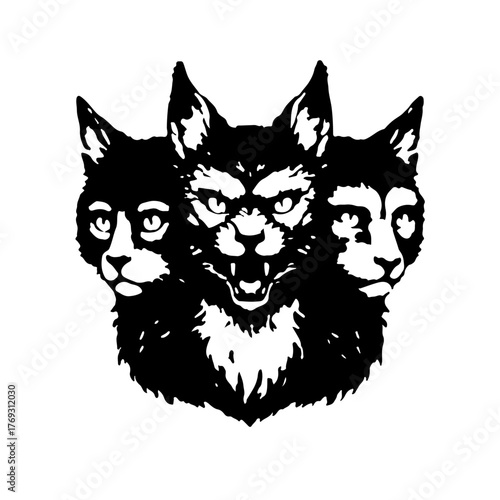 A stylized illustration of three feline heads, featuring expressive eyes and varying expressions.