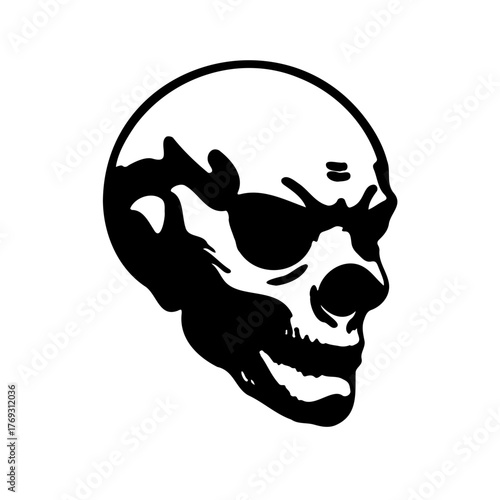 Stylized black skull illustration with sunglasses on a white background