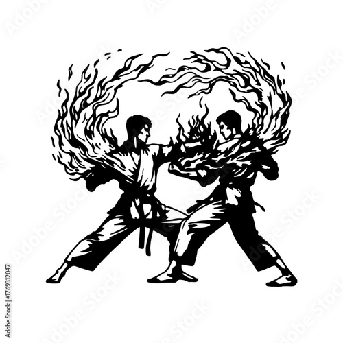 Dynamic martial arts duel with fiery energy effects