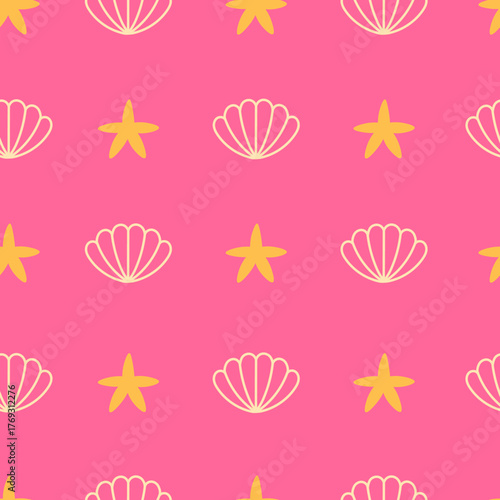 Starfish and Scallop Seamless Pattern. Cute Pink Seaside Background with doodle nature elements. Simple hand drawn summer backdrop. Repeat vector illustration