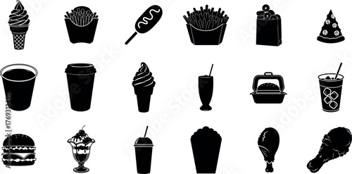 Collection of black and white fast food and dessert icons in a distinctive silhouette style