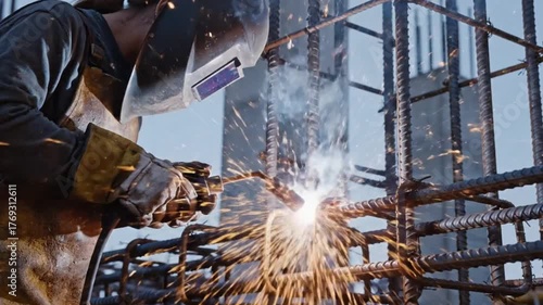 Skilled Construction Worker Welding Steel Reinforcements with Bright Sparks at Active Building Site