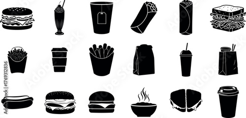 Collection of fast food icons and symbols representing burgers fries drinks and snacks silhouette