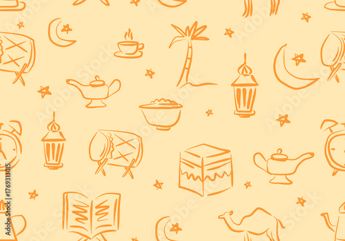 Seamless pattern of Ramadan lanterns  crescent moons  and stars.  Minimalist festive  for backgrounds