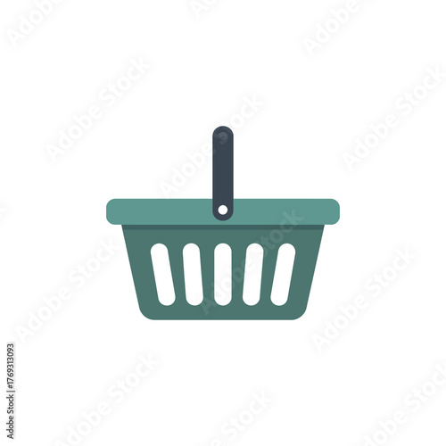 A minimalist flat design shopping basket icon in teal and gray on a white background