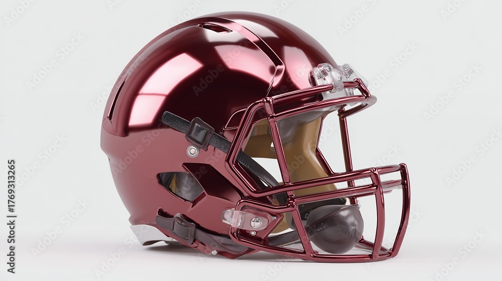 Fototapeta premium An American football helmet with a blue face mask and red striping, essential protection equipment for a player, isolated on a white background