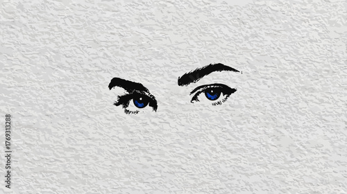 Hand-drawn illustration of captivating blue eyes on textured white paper, with one eye winking playfully. Expressive gaze.