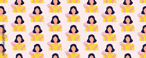Seamless pattern with caucasian teenage girl holding pink sanitary pad. Female menstruation period. Women health, gynecology hygiene reproductive system illustration