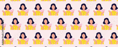 Seamless pattern with caucasian teenage girl holding panties and sanitary pad. Female menstruation period. Women health, gynecology hygiene reproductive system illustration