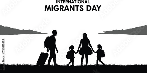 Silhouette of family with luggage for international migrants day celebration