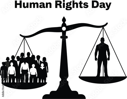 Human rights day concept with balancing scale and crowd silhouette