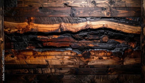 Dramatic Close Up of a Rustic Burnt and Natural Wood Wall.