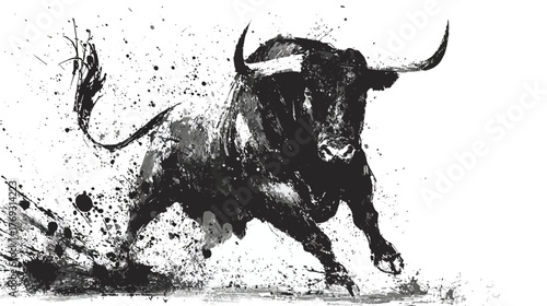 Dynamic Black and White Illustration of a Charging Bull with Ink Splatter Effect and Textured Finish