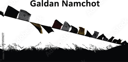 Traditional prayer flags with galdan namchot text against mountain
