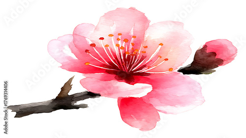A watercolor painting of a pink flower on a branch