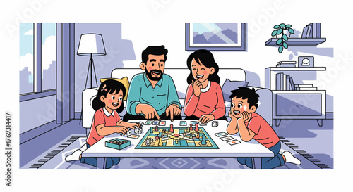 Cheerful Family Enjoying Board Game Together In Living Room Setting