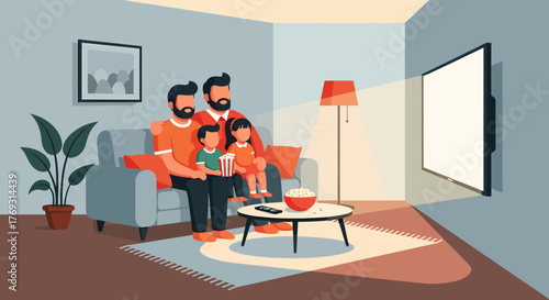 Cheerful Family Watching Movie Together At Home With Snack Vector