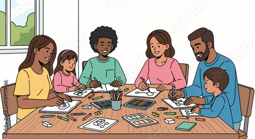 Diverse Family Drawing Together With Art Supplies At Home Concept