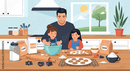 Dad And Daughters Baking Cookies In Kitchen Together Illustration