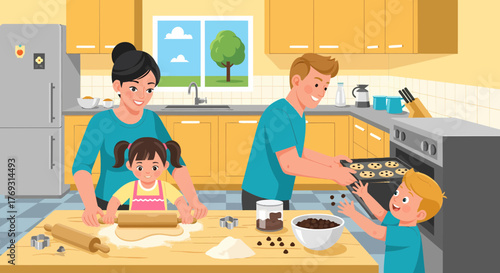Family Baking Together At Home In The Kitchen During Weekend