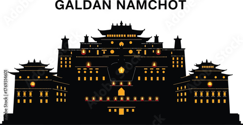 Galdan namchot festival silhouette with traditional tibetan architecture illuminated at night