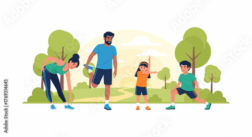 Family Enjoying Outdoor Exercise Together At Park Illustration