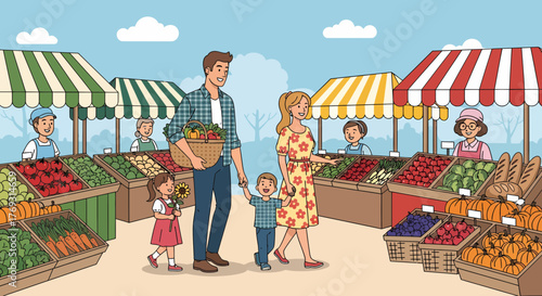 Family Enjoying Weekend At Local Farmers Market Illustration