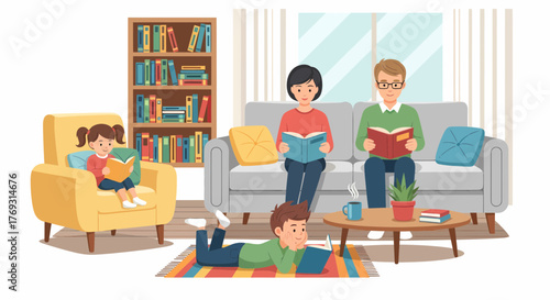 Family Enjoys Reading Together At Home In A Cozy Environment