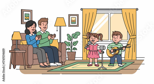 Family Entertainment Kids Performing For Parents In Living Room Illustration