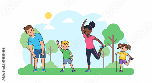 Family Exercising And Stretching Together Outdoors In A Park