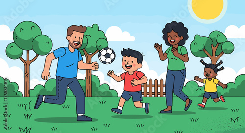 Family Playing Soccer Together Outdoors on Sunny Day Illustration